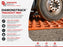 Eastgate Supply Diamondtrack Trackout Mat promotional graphic showing an orange diamond-patterned rubber mat installed under a construction tire on rough pavement, with product features listed on the left and a branded footer at the bottom.