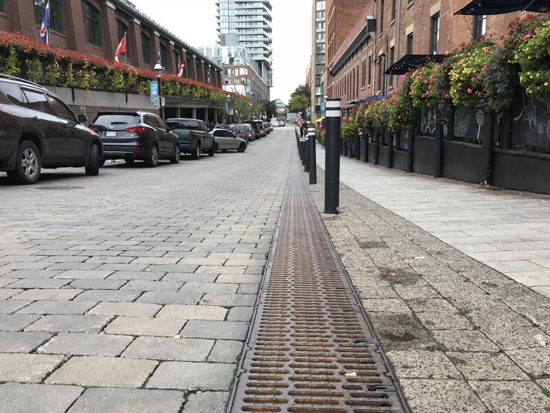 ACO PowerDrain S300K trench drain along an urban streetscape
