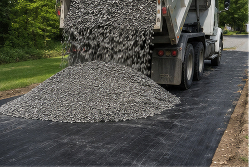 Dump truck placing crushed stone over woven geotextile fabric on a driveway
