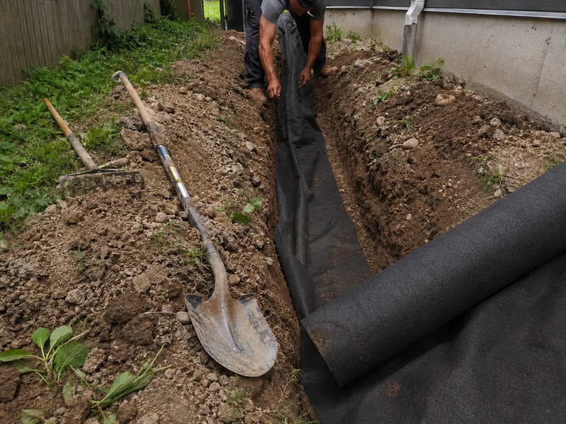 Installing non-woven geotextile drainage fabric in a trench along a foundation
