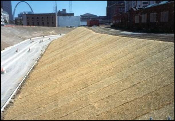 Straw erosion blanket on slope