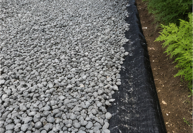 Woven geotextile fabric visible at the edge of a finished gravel driveway
