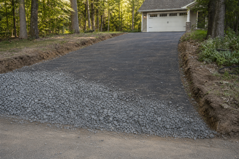 Woven geotextile fabric under gravel on a residential driveway
