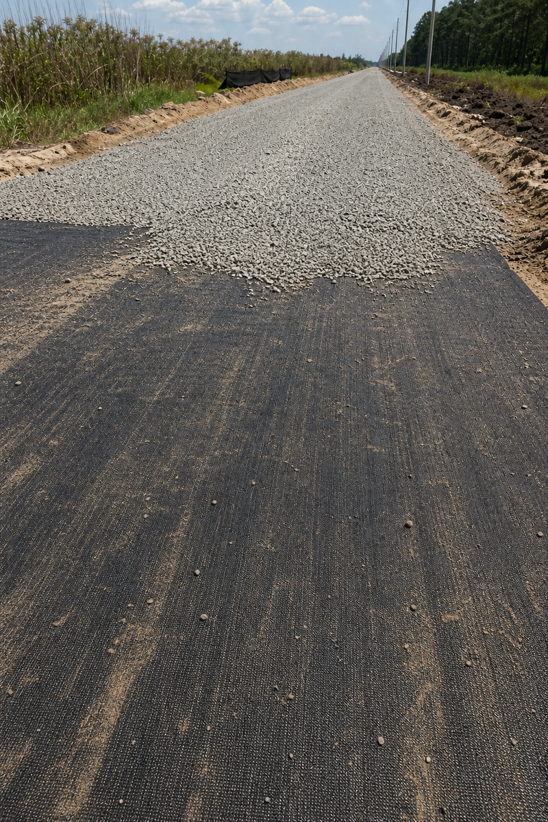 Woven geotextile road base fabric on a highway construction access road
